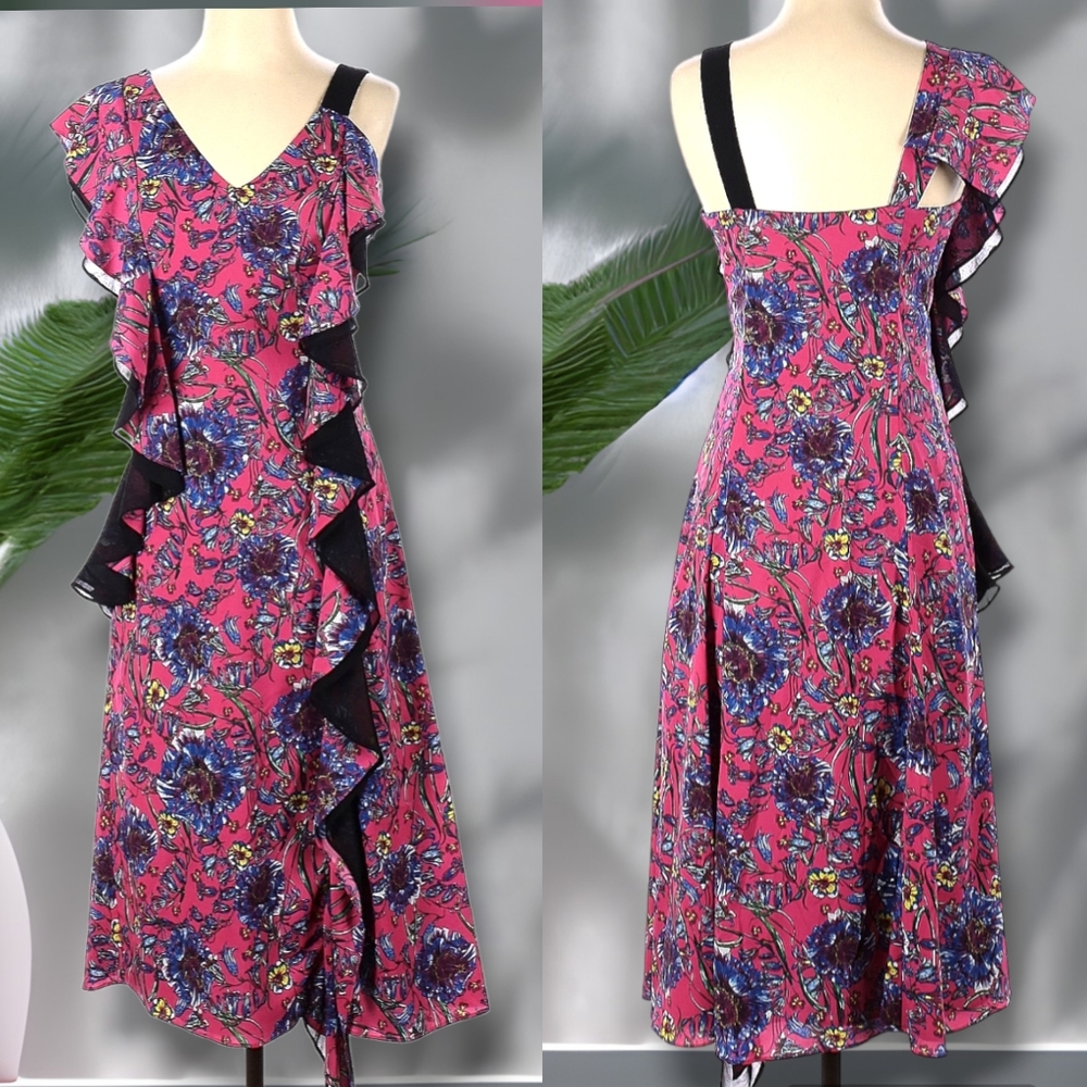 Prabal Gurung Fuchsia Asymmetrical Ruffle Maxi Dress